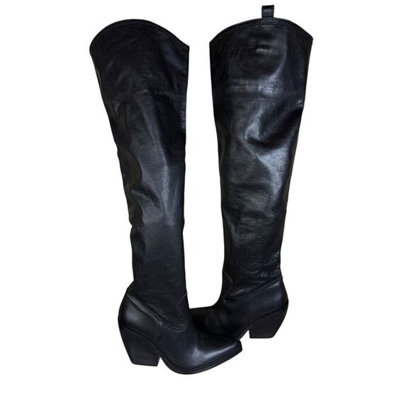 ZARA Black Leather Over-the-Knee Cowboy Boots 8.5 US / 39 EU Western Chic - Picture 2 of 15